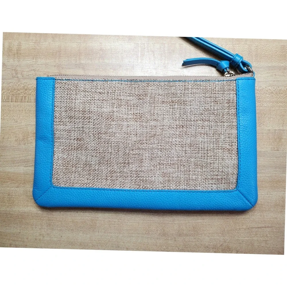 Talbots Blue Leather Trim Jute Butterfly Embroidered Wristlet Clutch Bag